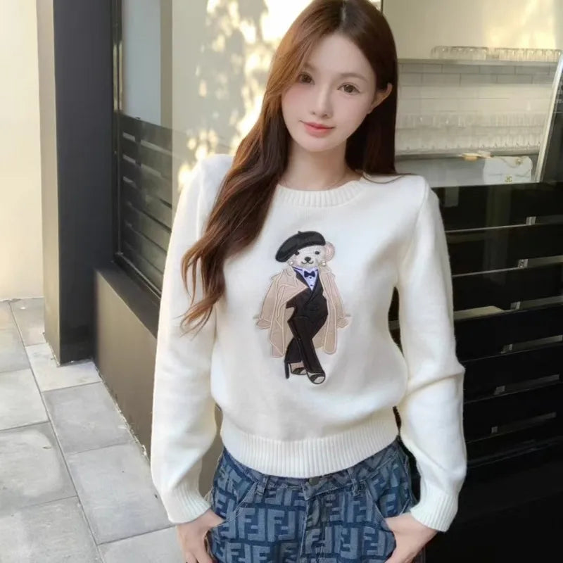 New Arrival European Elegant Bear Design Ladies Knit Sweater Pullover Knitted Tops Knitwear Women Clothes Jumper
