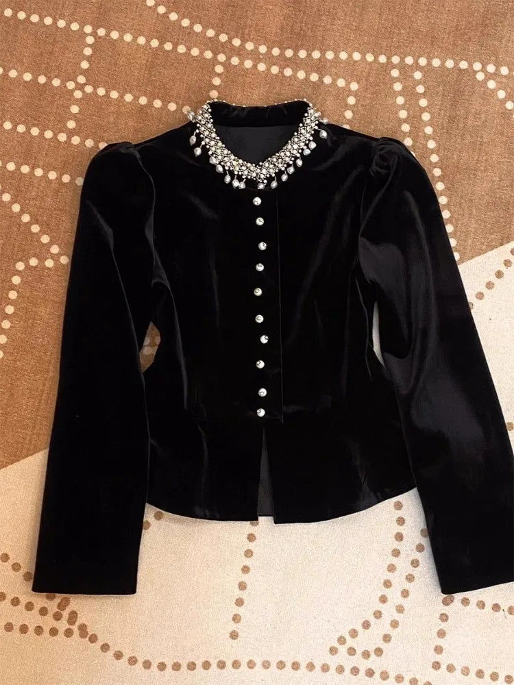 Blouses for Women Black Heavy Beading O-neck Puff Sleeve Shirts 2025 Blusas Mujer De Moda Slim Fit Velvet Vintage Blouse Tops