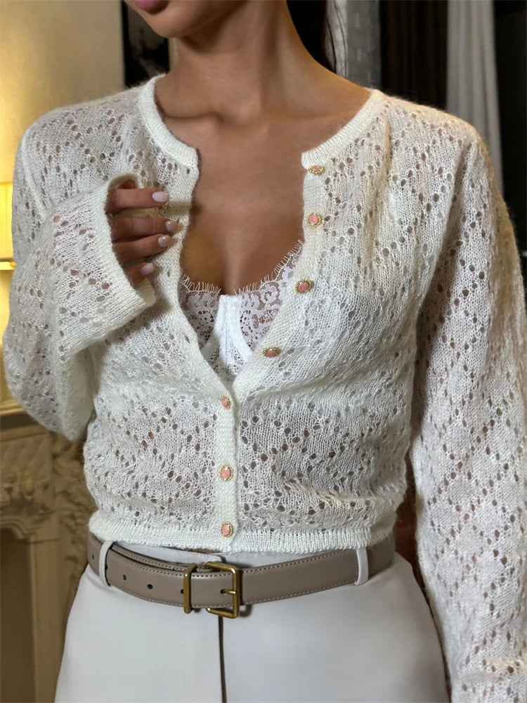 Tossy Summer Knitwear Hollow Out Cardigan Female Long Sleeve Casual Cropped Top Patchwork See-Through Knit Cardigan Outwear 2025