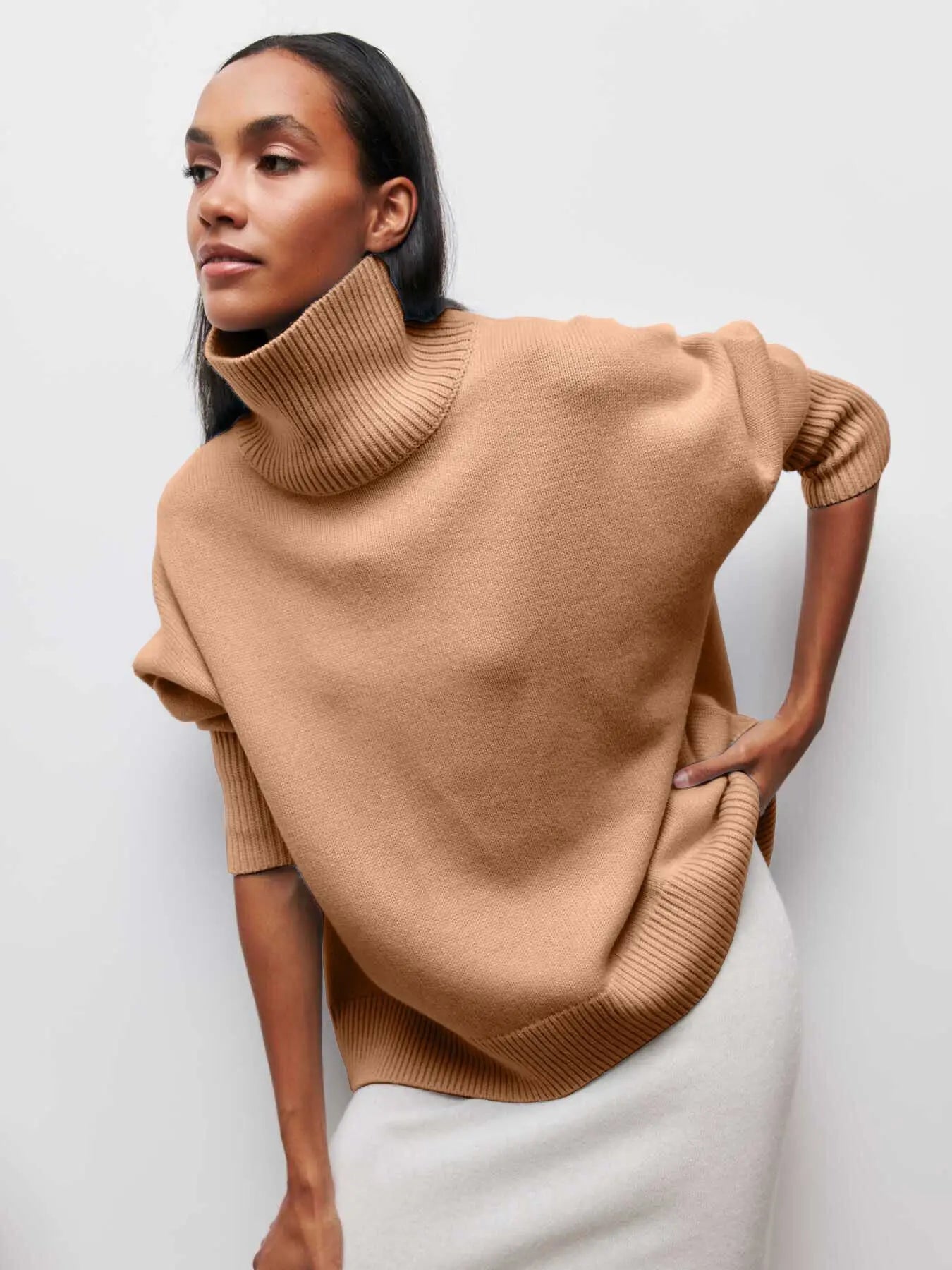 Original Light Luxury O-neck Knit Sweater Autumn And Winter Women's Elegant Loose Mock Neck Solid Color Warm Outerwear Sweater