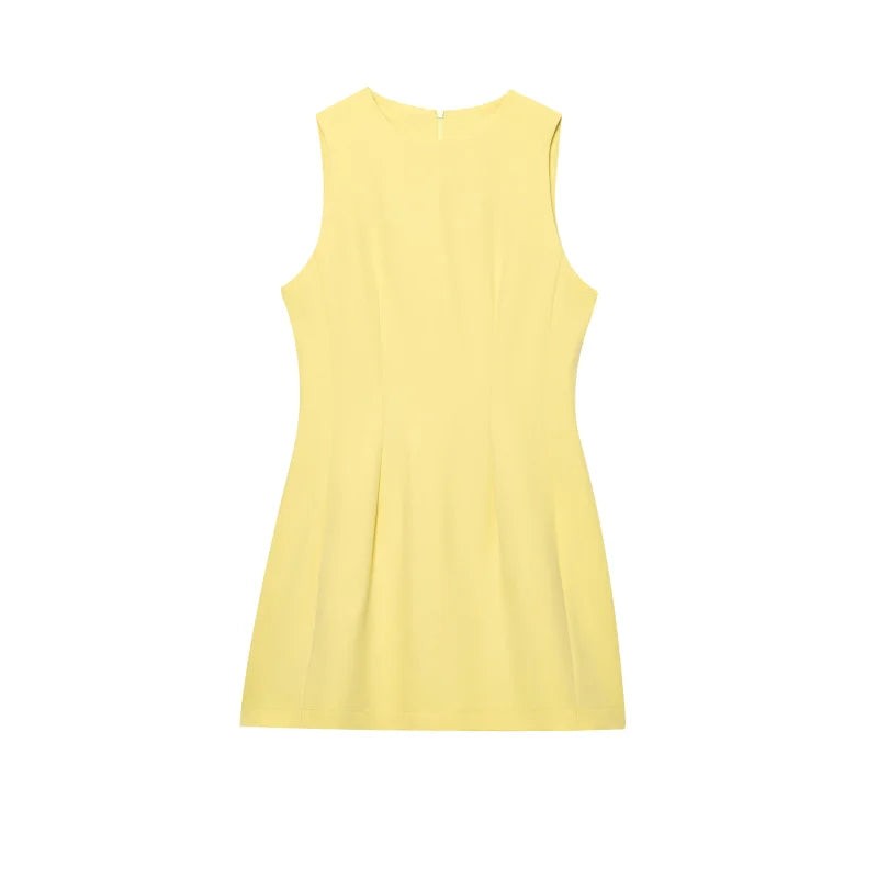ETJ2025 summer new women's ZW series elegant simple classic puffy round neck sleeveless waist short dress