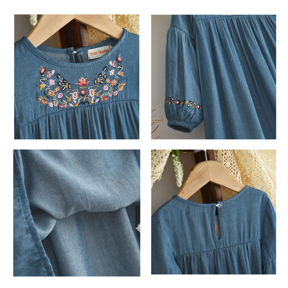 Bear Leader Korean Version Long Sleeve Blue Girls dresses on clearance sale Autumn Imitation Denim Flower Embroidery Dress