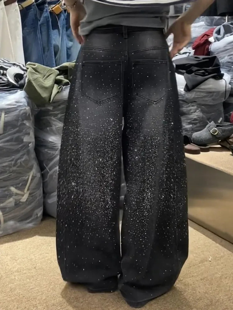 Glittering Rhinestone Denim Pants Women's Jeans New Wide Leg Design Sensation Floor-Length Pants loose jeans