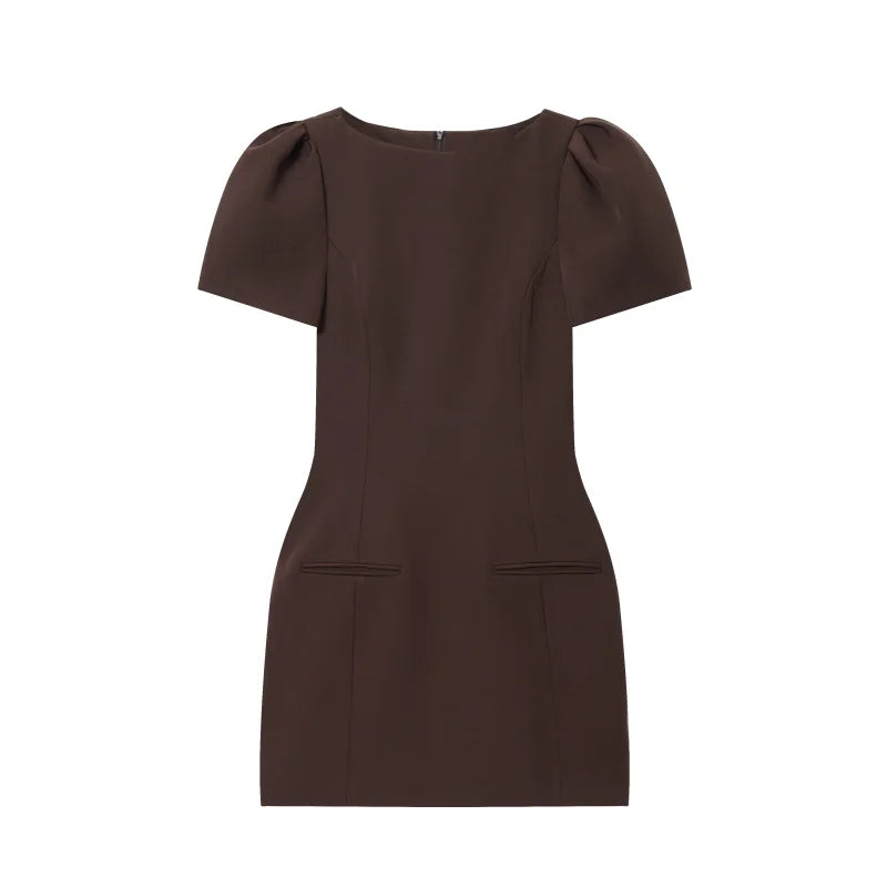 ETJ 2025 women's new products are elegant and stylish Short dress with a boat neck and short sleeves with pleats black dress