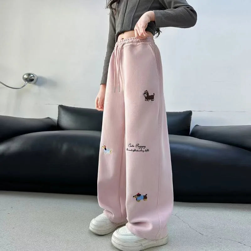 RAISE YOUNG 4-14Y Girls Sweatpant Side Striped Junior Girl Sports Pant Elastic Waist School Girl Straight Pant Dog Print Trouser