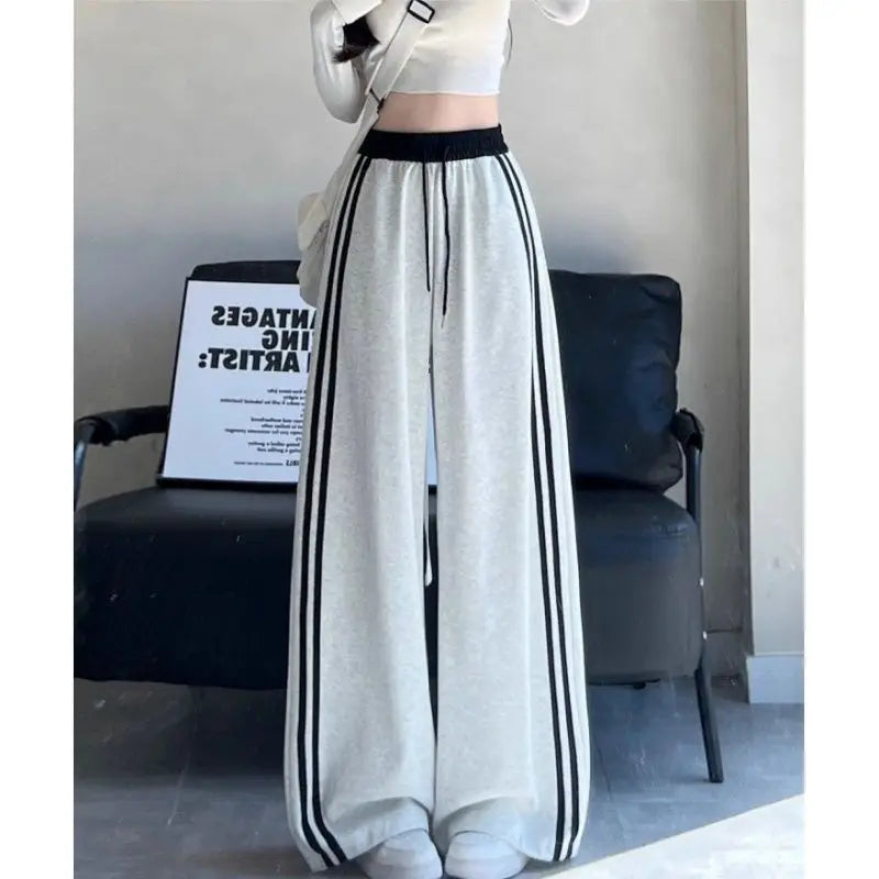 High Waist Wide Leg Pants Women's Spring Autumn New Style Loose American Knife Edge Sports Trousers Color Block Striped