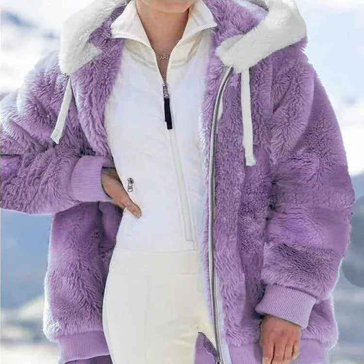 New Autumn/Winter Loose Plush Zipper Hooded Coat for Women