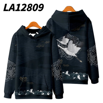 Harajuku Crane Print Hoodie Sweatshirt Autumn Japanese Casual Oversized Hooded Hoodie Hip Hop Pullover Women Men Clothing