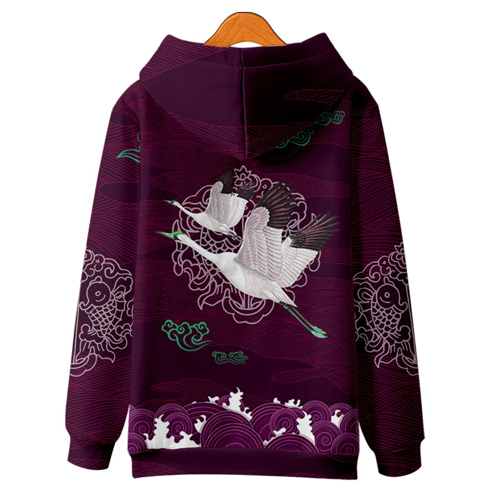 Harajuku Crane Print Hoodie Sweatshirt Autumn Japanese Casual Oversized Hooded Hoodie Hip Hop Pullover Women Men Clothing