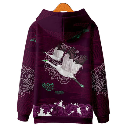 Harajuku Crane Print Hoodie Sweatshirt Autumn Japanese Casual Oversized Hooded Hoodie Hip Hop Pullover Women Men Clothing