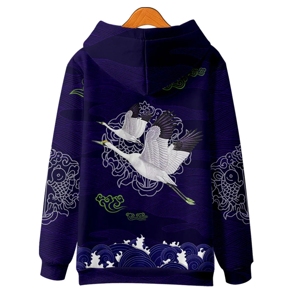 Harajuku Crane Print Hoodie Sweatshirt Autumn Japanese Casual Oversized Hooded Hoodie Hip Hop Pullover Women Men Clothing
