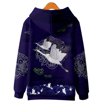 Harajuku Crane Print Hoodie Sweatshirt Autumn Japanese Casual Oversized Hooded Hoodie Hip Hop Pullover Women Men Clothing