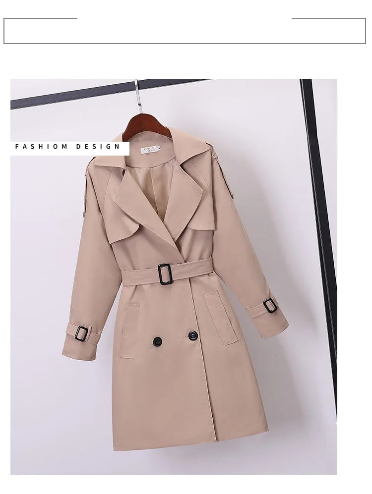 Khaki Double-breasted Women's Windbreaker Spring/Summer Korean Slim Turn down collar Ladies Outwear Plus Size Casual Trench Coat