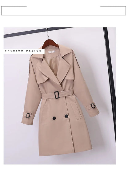 Khaki Double-breasted Women's Windbreaker Spring/Summer Korean Slim Turn down collar Ladies Outwear Plus Size Casual Trench Coat