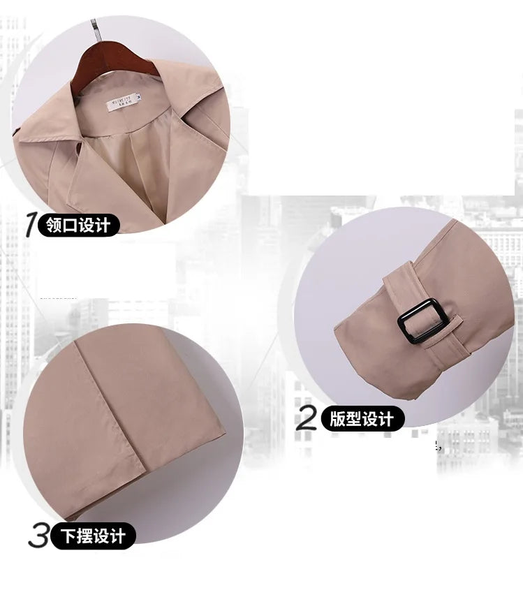 Khaki Double-breasted Women's Windbreaker Spring/Summer Korean Slim Turn down collar Ladies Outwear Plus Size Casual Trench Coat