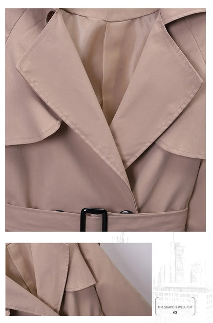 Khaki Double-breasted Women's Windbreaker Spring/Summer Korean Slim Turn down collar Ladies Outwear Plus Size Casual Trench Coat