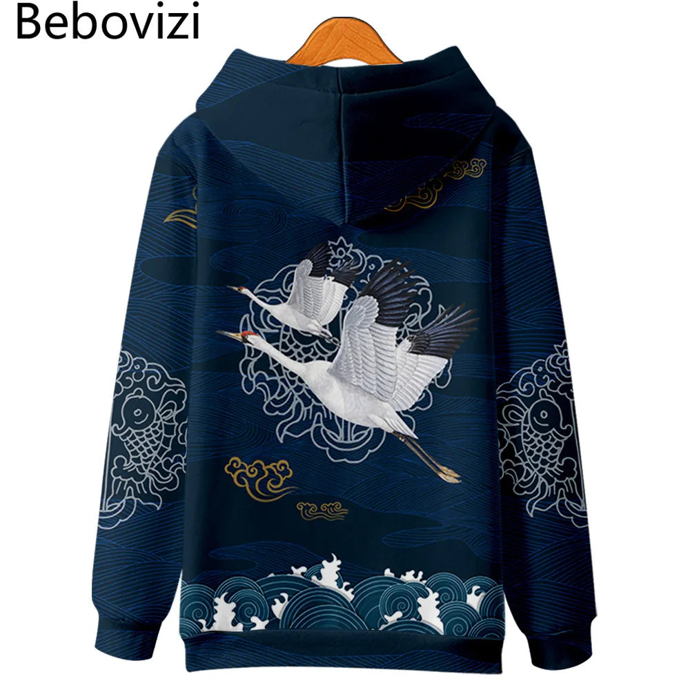 Harajuku Crane Print Hoodie Sweatshirt Autumn Japanese Casual Oversized Hooded Hoodie Hip Hop Pullover Women Men Clothing