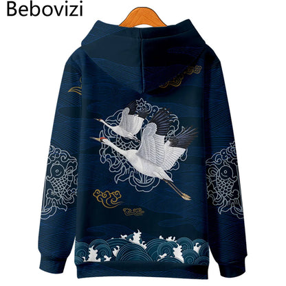Harajuku Crane Print Hoodie Sweatshirt Autumn Japanese Casual Oversized Hooded Hoodie Hip Hop Pullover Women Men Clothing