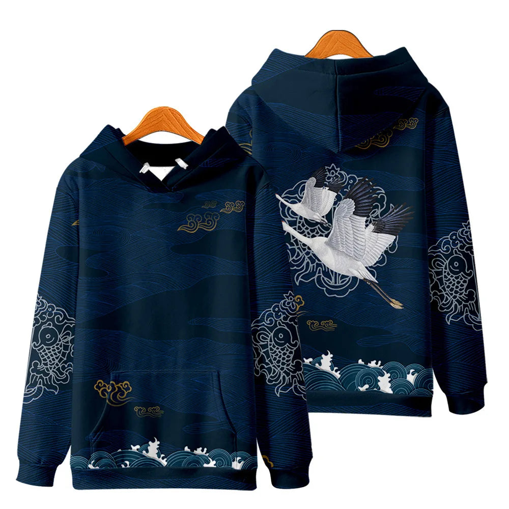 Harajuku Crane Print Hoodie Sweatshirt Autumn Japanese Casual Oversized Hooded Hoodie Hip Hop Pullover Women Men Clothing