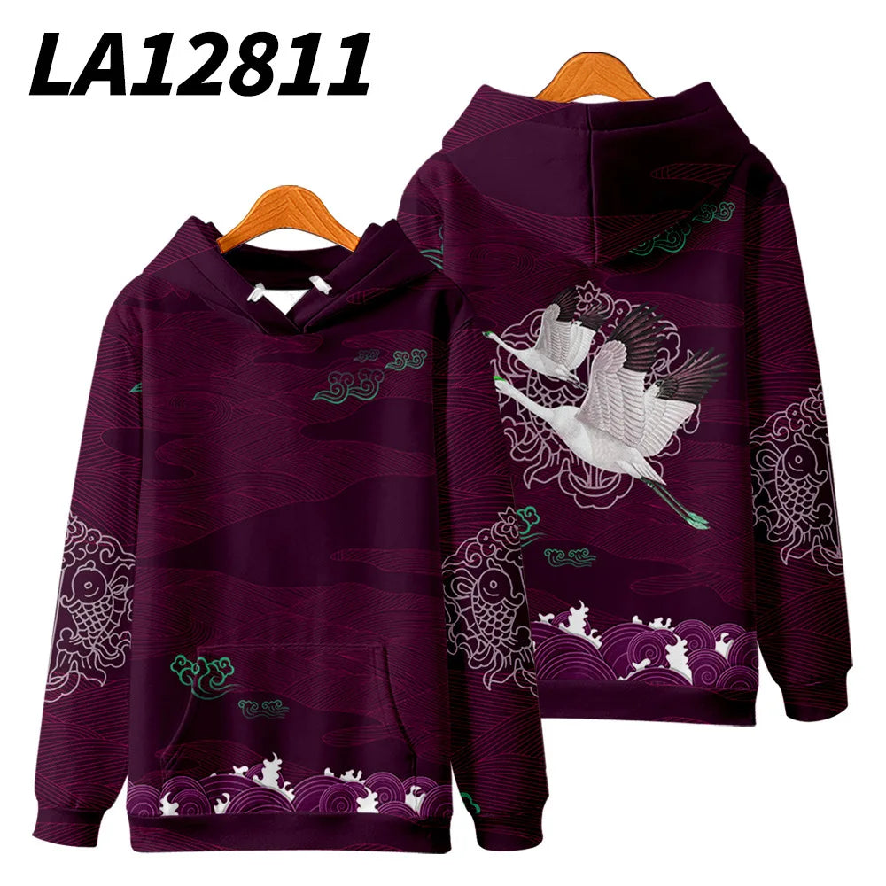 Harajuku Crane Print Hoodie Sweatshirt Autumn Japanese Casual Oversized Hooded Hoodie Hip Hop Pullover Women Men Clothing