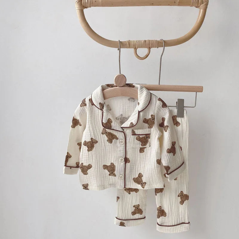 2Pcs Autumn New Kids Pajamas Korean Long Sleeve Print Bear Cardigan And Pants Cotton Musline Yarn Sleepwear