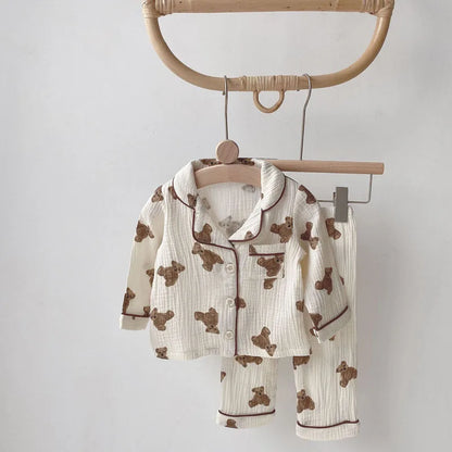 2Pcs Autumn New Kids Pajamas Korean Long Sleeve Print Bear Cardigan And Pants Cotton Musline Yarn Sleepwear