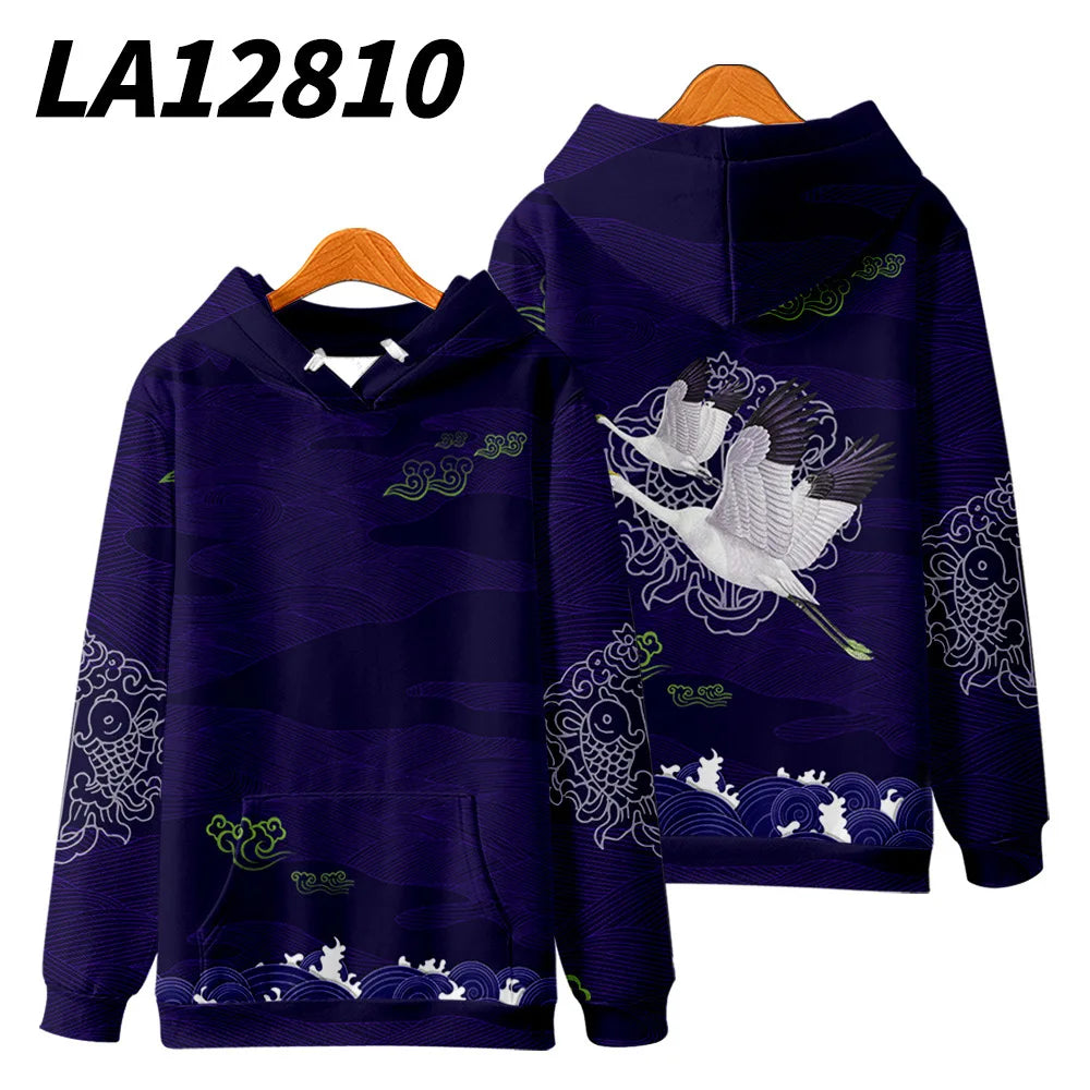 Harajuku Crane Print Hoodie Sweatshirt Autumn Japanese Casual Oversized Hooded Hoodie Hip Hop Pullover Women Men Clothing