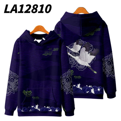 Harajuku Crane Print Hoodie Sweatshirt Autumn Japanese Casual Oversized Hooded Hoodie Hip Hop Pullover Women Men Clothing