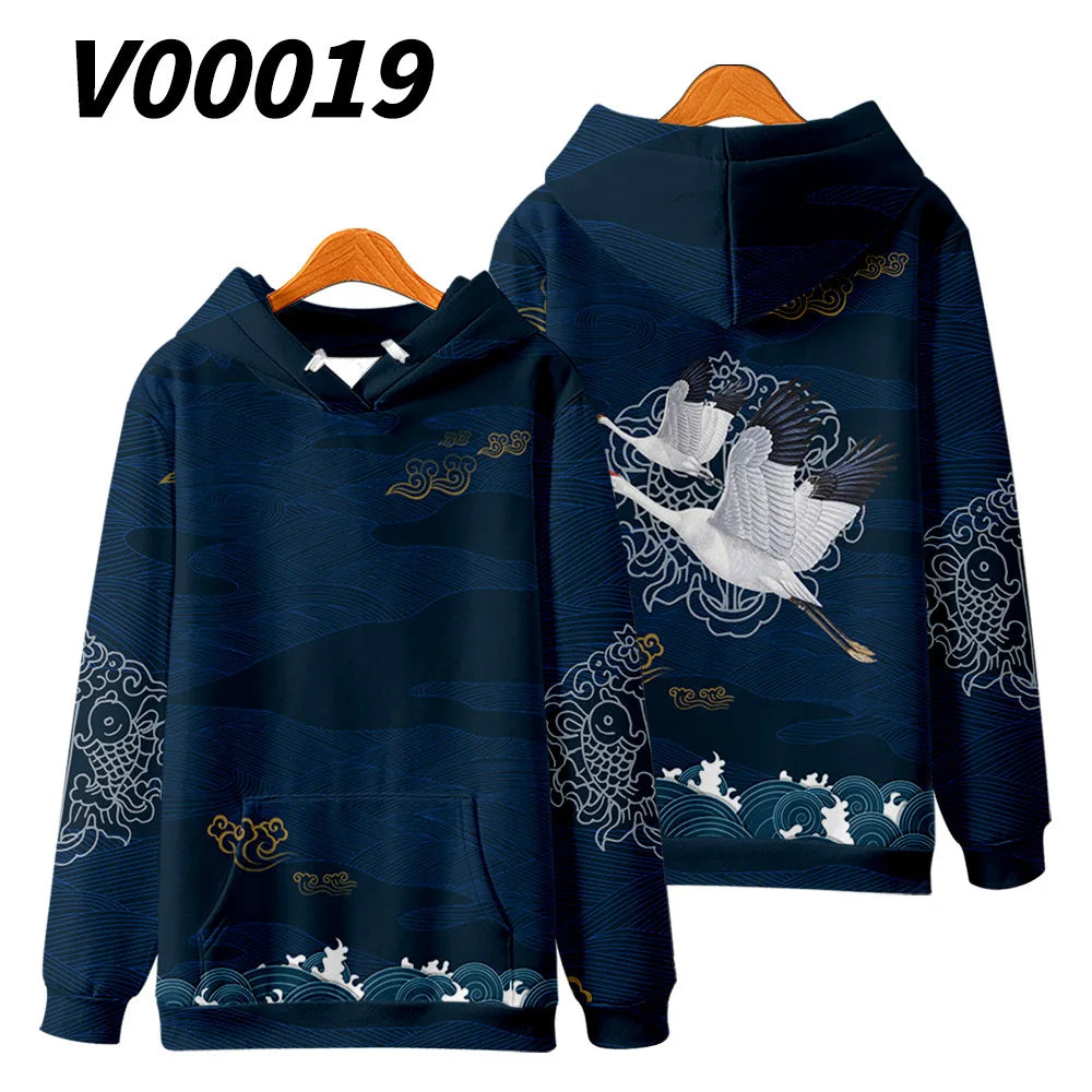 Harajuku Crane Print Hoodie Sweatshirt Autumn Japanese Casual Oversized Hooded Hoodie Hip Hop Pullover Women Men Clothing