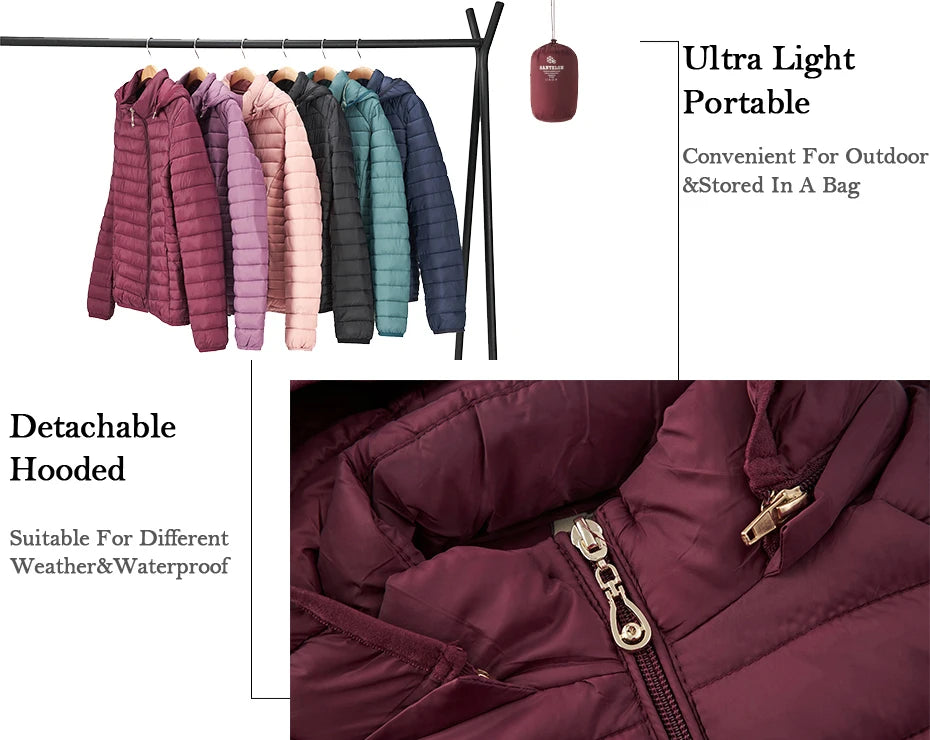 SANTELON Winter Parka Ultralight Padded Puffer Jacket For Women Coat With Hood Outdoor Warm Lightweight Outwear With Storage Bag