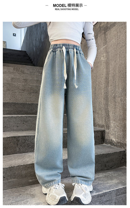 Girls' striped Jeans Spring Children's Fashionable wide leg pants Korean version Autumn medium and large Kids versatile Pants