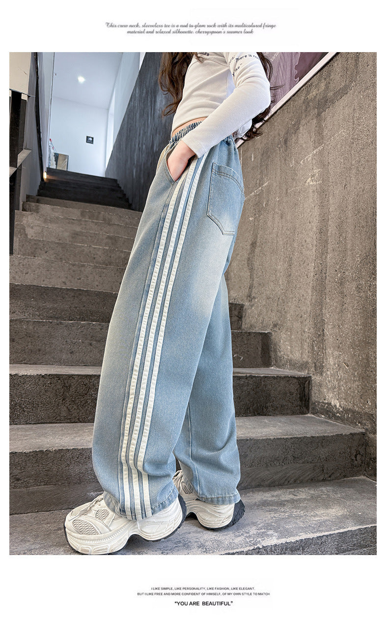 Girls' striped Jeans Spring Children's Fashionable wide leg pants Korean version Autumn medium and large Kids versatile Pants