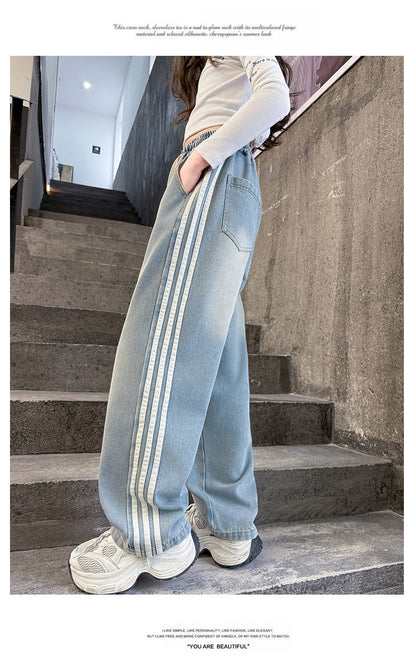 Girls' striped Jeans Spring Children's Fashionable wide leg pants Korean version Autumn medium and large Kids versatile Pants