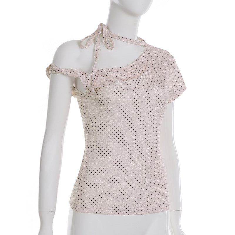 Fashion Polka Dot Prints Slim Fit Folds Women T-Shirts Sweet Cute Chic Design One-Shoulder Summer Shirts