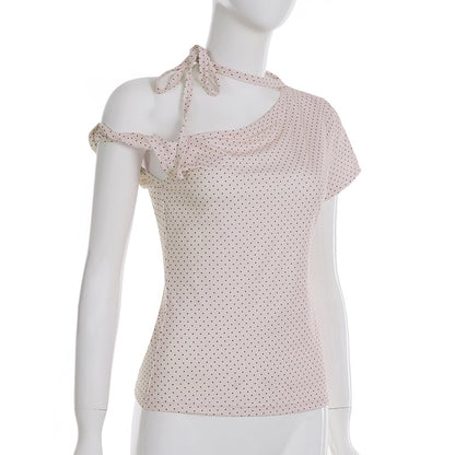 Fashion Polka Dot Prints Slim Fit Folds Women T-Shirts Sweet Cute Chic Design One-Shoulder Summer Shirts