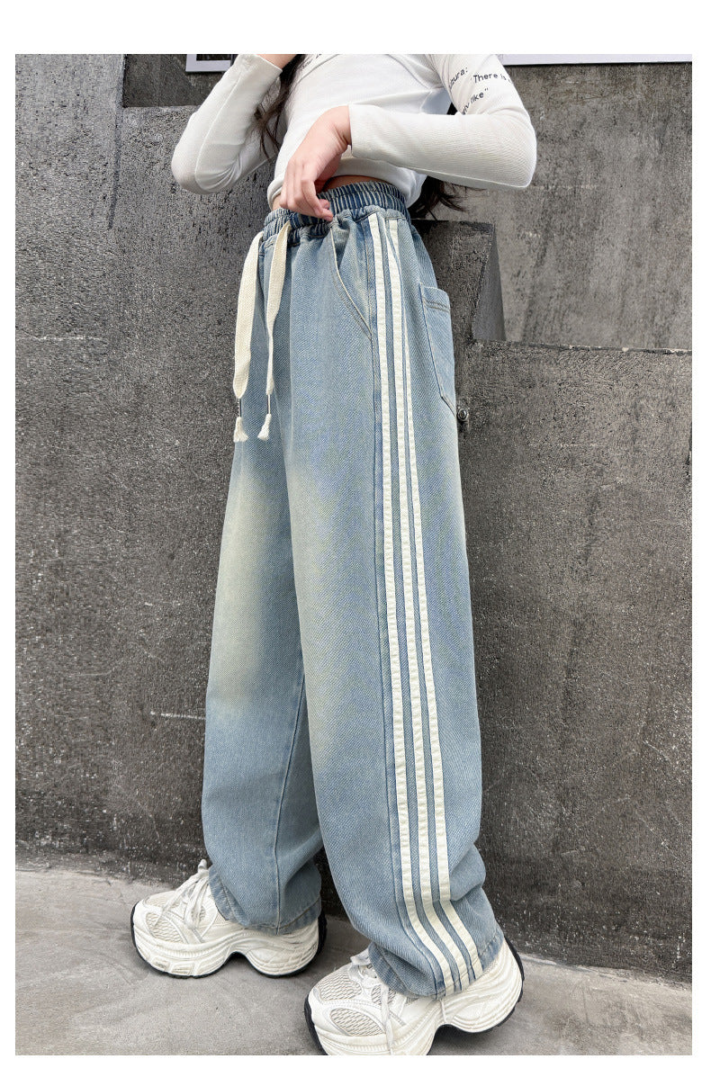 Girls' striped Jeans Spring Children's Fashionable wide leg pants Korean version Autumn medium and large Kids versatile Pants
