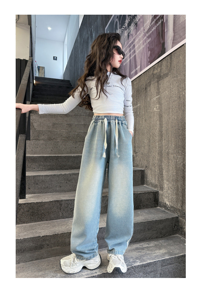 Girls' striped Jeans Spring Children's Fashionable wide leg pants Korean version Autumn medium and large Kids versatile Pants