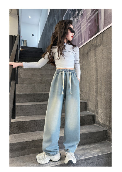 Girls' striped Jeans Spring Children's Fashionable wide leg pants Korean version Autumn medium and large Kids versatile Pants