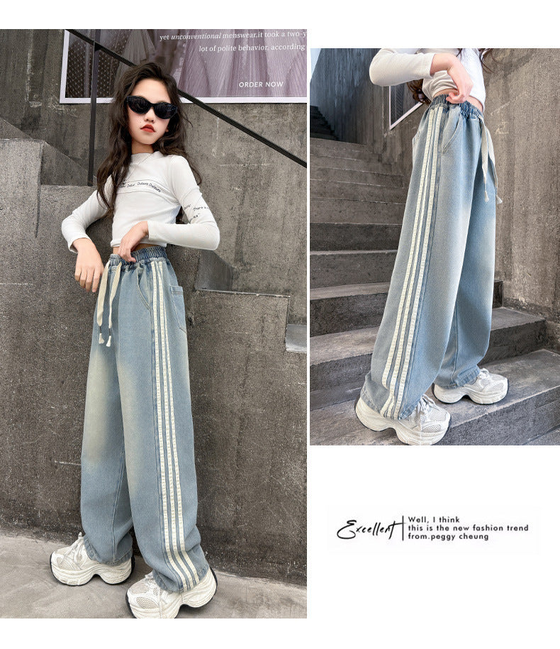 Girls' striped Jeans Spring Children's Fashionable wide leg pants Korean version Autumn medium and large Kids versatile Pants