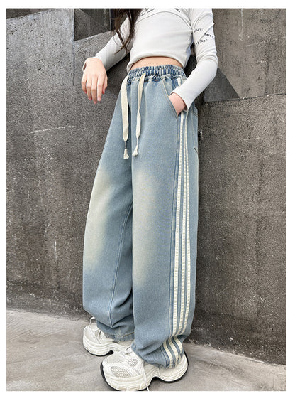 Girls' striped Jeans Spring Children's Fashionable wide leg pants Korean version Autumn medium and large Kids versatile Pants