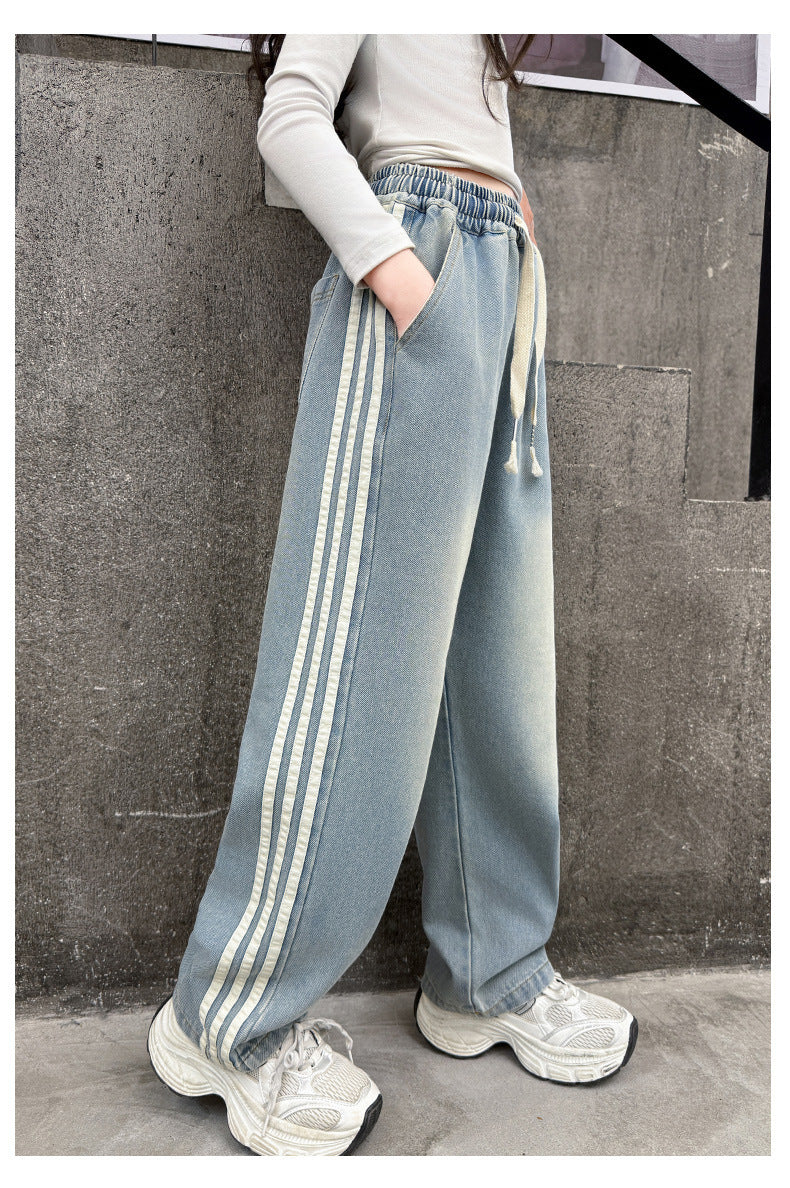 Girls' striped Jeans Spring Children's Fashionable wide leg pants Korean version Autumn medium and large Kids versatile Pants