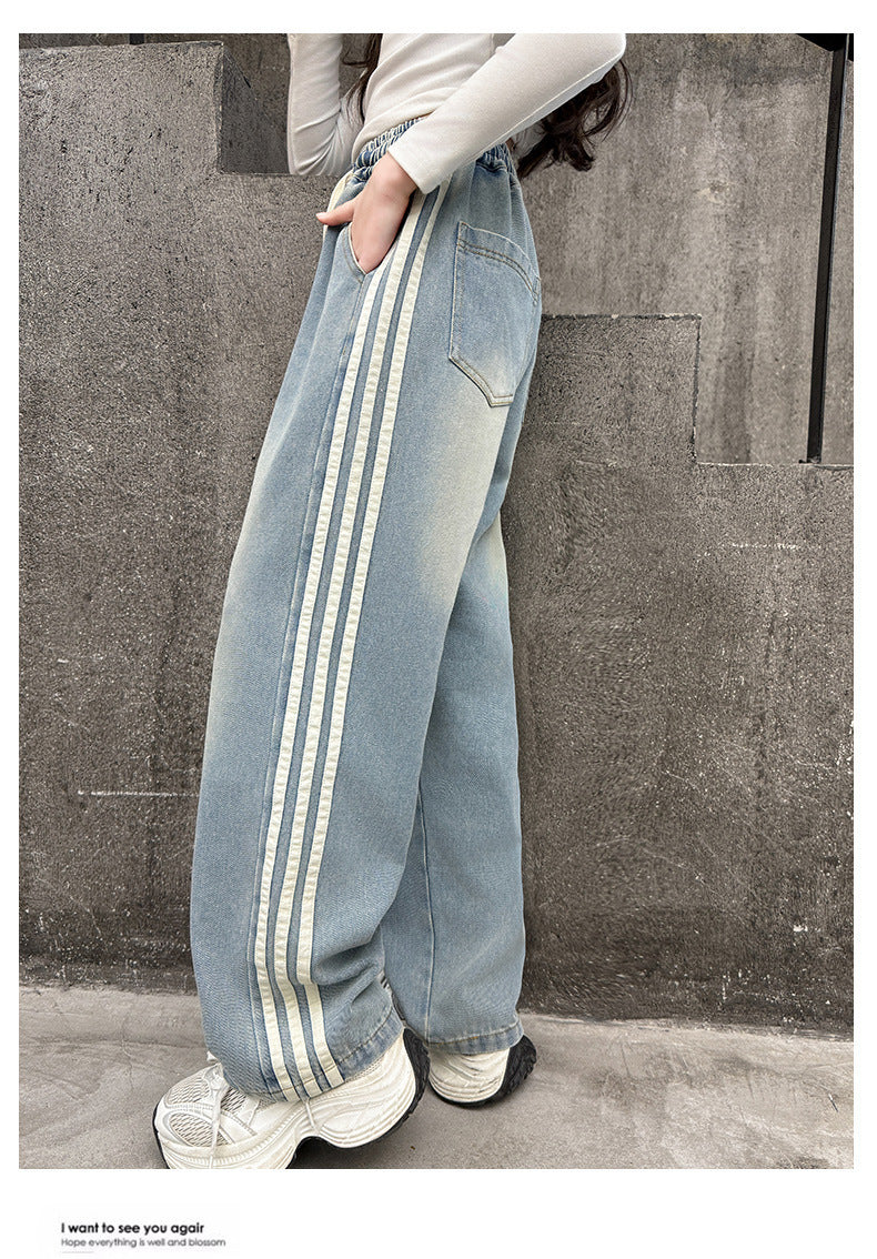 Girls' striped Jeans Spring Children's Fashionable wide leg pants Korean version Autumn medium and large Kids versatile Pants