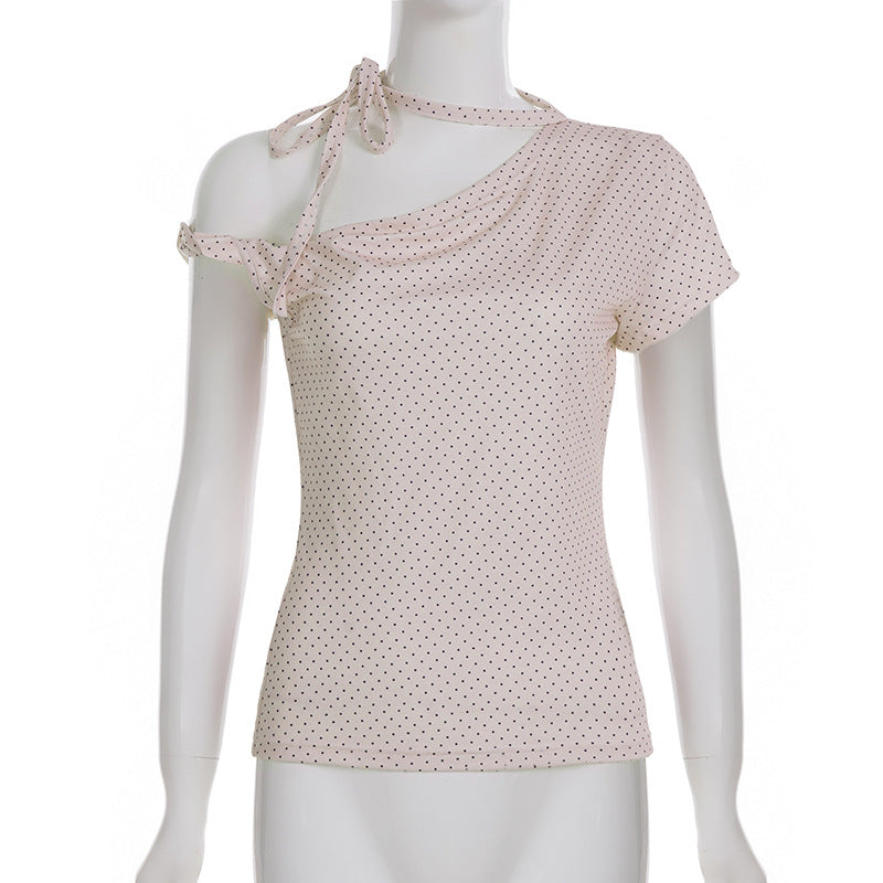 Fashion Polka Dot Prints Slim Fit Folds Women T-Shirts Sweet Cute Chic Design One-Shoulder Summer Shirts