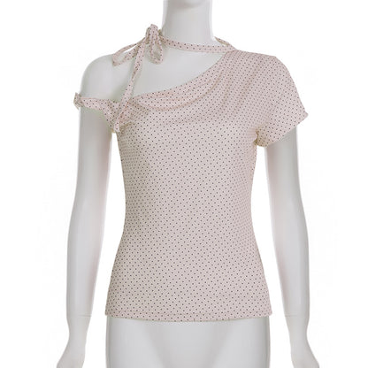 Fashion Polka Dot Prints Slim Fit Folds Women T-Shirts Sweet Cute Chic Design One-Shoulder Summer Shirts