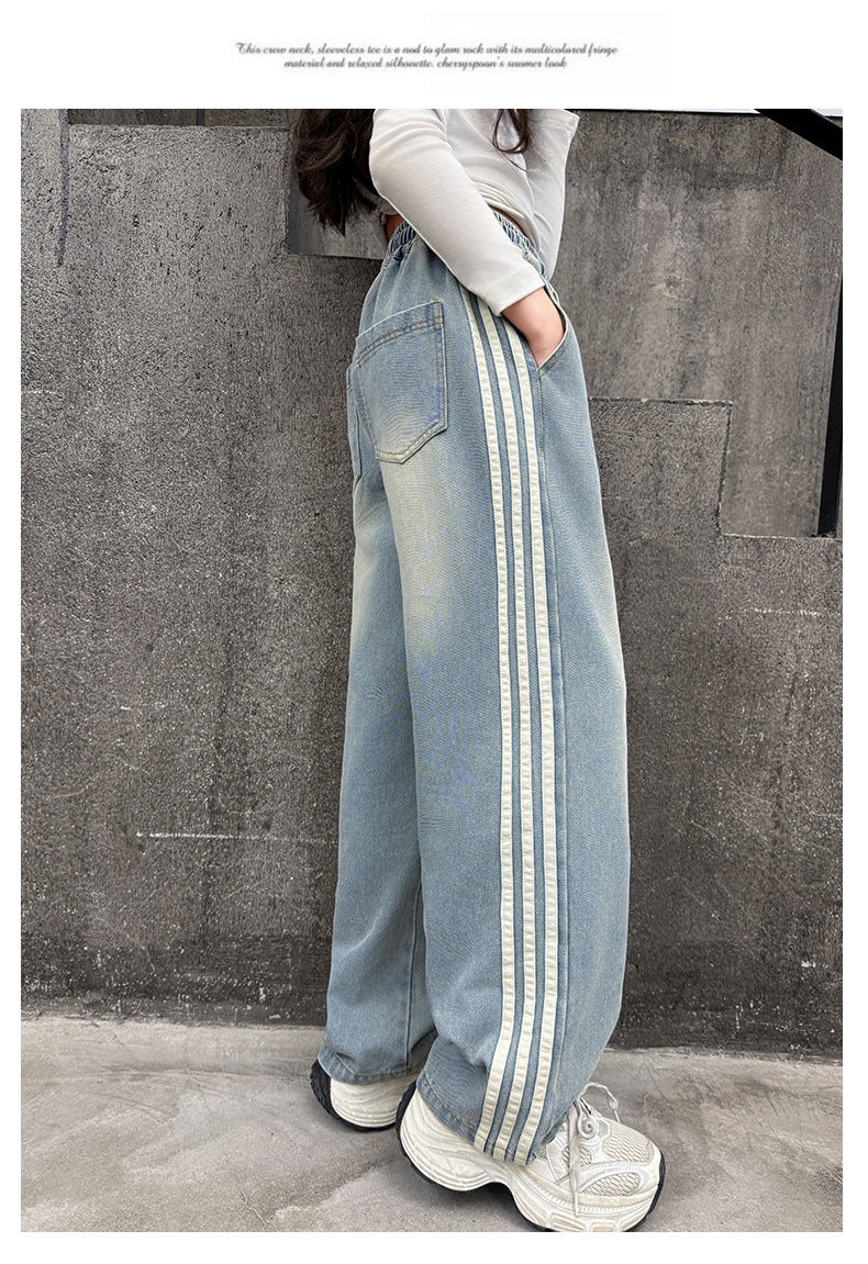 Girls' striped Jeans Spring Children's Fashionable wide leg pants Korean version Autumn medium and large Kids versatile Pants