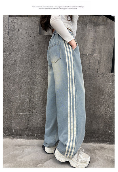 Girls' striped Jeans Spring Children's Fashionable wide leg pants Korean version Autumn medium and large Kids versatile Pants