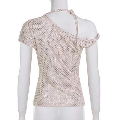 Fashion Polka Dot Prints Slim Fit Folds Women T-Shirts Sweet Cute Chic Design One-Shoulder Summer Shirts