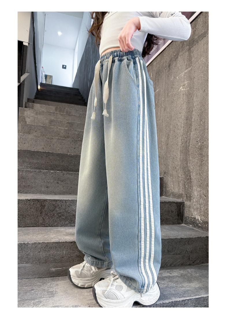 Girls' striped Jeans Spring Children's Fashionable wide leg pants Korean version Autumn medium and large Kids versatile Pants