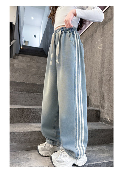 Girls' striped Jeans Spring Children's Fashionable wide leg pants Korean version Autumn medium and large Kids versatile Pants