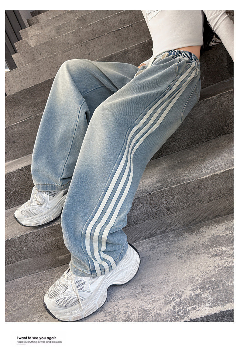 Girls' striped Jeans Spring Children's Fashionable wide leg pants Korean version Autumn medium and large Kids versatile Pants